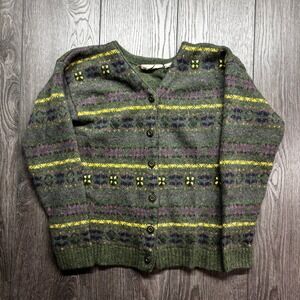 Vintage Northern Reflections Wool Fair Isle Cardigan Sweater Green Floral Small